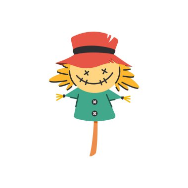 Cadılar Bayramı tebrik kartı ve afişi için korkuluk, parti işareti. İşaretli ve sembollü tasvir et. Düz tasarım çizgi film ögesi.