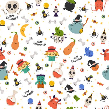 Karikatür Halloween özellikleri ile Dikişsiz desen. Korkunç tatil öğeleri ile Renkli Helloween baskı.