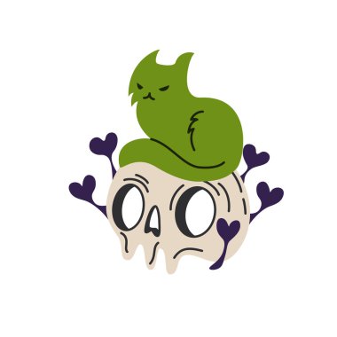 Cadılar Bayramı tebrik kartı ve afişi için kafatası ve kedi, parti işareti. İşaretli ve sembollü tasvir et. Düz tasarım çizgi film ögesi.