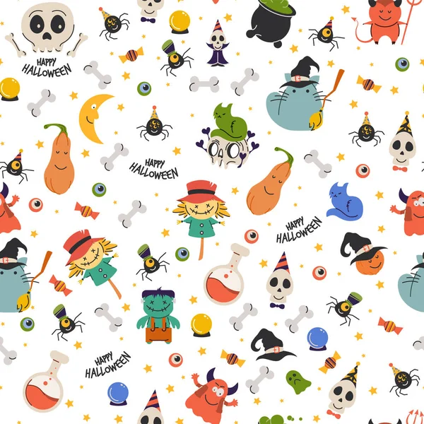 Karikatür Halloween özellikleri ile Dikişsiz desen. Korkunç tatil öğeleri ile Renkli Helloween baskı.