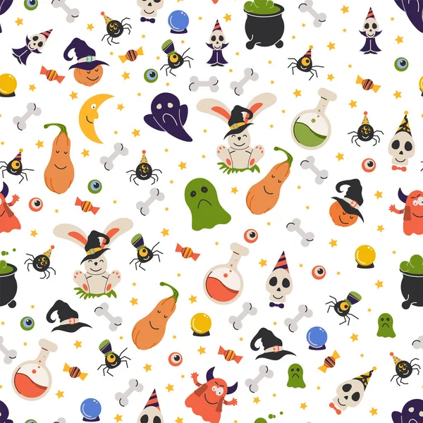 Karikatür Halloween özellikleri ile Dikişsiz desen. Korkunç tatil öğeleri ile Renkli Helloween baskı.