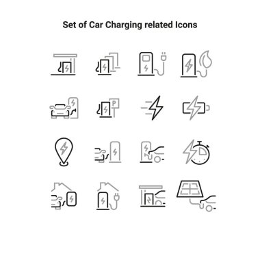 Simple Set of Car Charging Station Related Vector Line Icons. Contains such Icons as Electric socket station, Car plugged to charge.