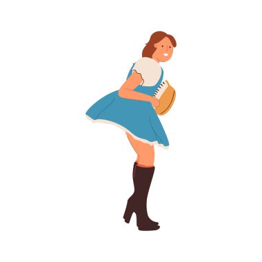 Oktoberfest Party Celebration. Woman Wearing Traditional Clothes couples dance, musicians play.