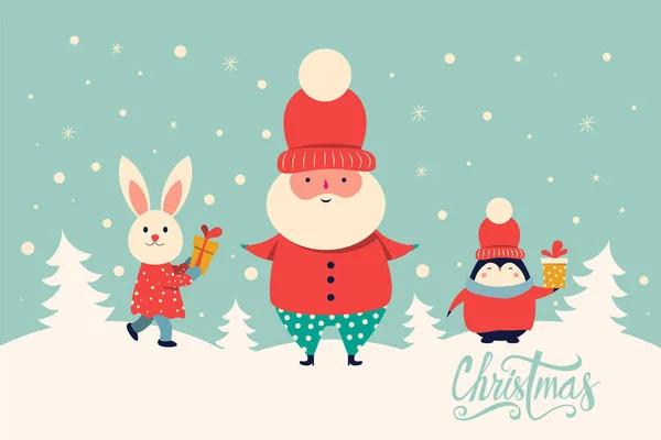Classica Illustrazione Auguri Natalizi Con Divertente Babbo Natale Pinguino Coniglietto — Vettoriale Stock