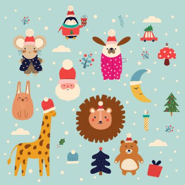 Komik Noel Baba, penguen, hediye kutuları ve daha pek çok şeyle Noel süsleri. Geleneksel Noel ve Yeni Yıl unsurlarıyla İskandinav tarzında büyük bir Noel koleksiyonu.