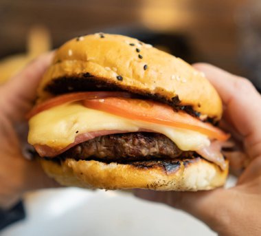 Peynirli ve domatesli sığır burger tutan eller.