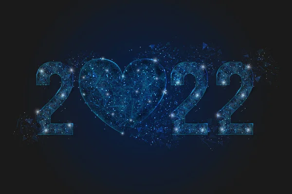 Abstract isolated blue image of new year number 2022 with heart. Polygonal low poly wireframe illustration looks like stars in the blask night sky in spase or flying glass shards. — Stock Vector