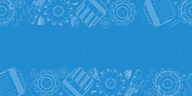 Mavi arka planda makine mühendisliği çizimleri. Kesme aletleri, değirmen kesici. Teknik Tasarım. Koruyun. Ayrıntılı plan. Yatay ve pürüzsüz desen. Vektör illüstrasyonu.
