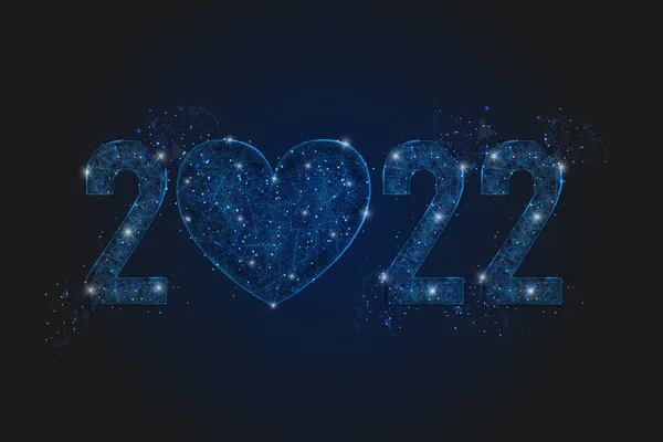 Imagen azul aislada abstracta del año nuevo número 2022 con corazón. Ilustración poligonal de marco de alambre de polietileno bajo parece estrellas en el cielo nocturno de la petaca en fragmentos de vidrio espasmódico o volador. — Archivo Imágenes Vectoriales