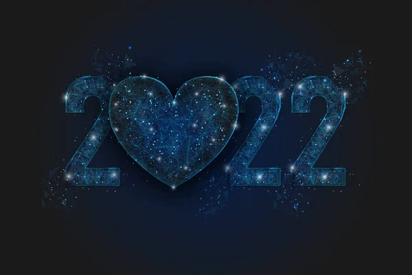 Abstrato isolado imagem azul do ano novo número 2022 com coração. Ilustração poligonal baixa wireframe poli parece estrelas no céu noturno blask em espasmos ou cacos de vidro voador. — Vetor de Stock