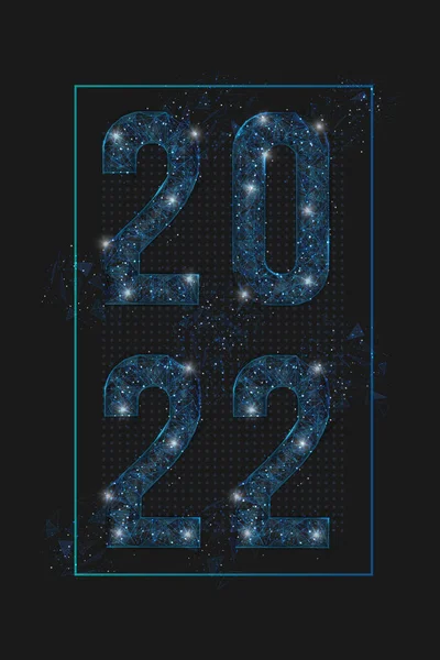 摘要分离出2022年新年号的蓝色图像.多边形低矮的多线框插图看起来就像飞溅或飞溅的玻璃碎片中的蓝色夜空中的星星。数字网络，因特网设计. — 图库矢量图片