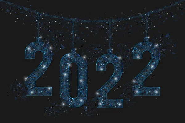 Imagen azul aislada abstracta del año nuevo número 2022. La ilustración poligonal del marco de alambre de polietileno bajo parece estrellas en el cielo nocturno de la petaca en fragmentos de vidrio espasmódico o voladores. Web digital, diseño de Internet. — Vector de stock