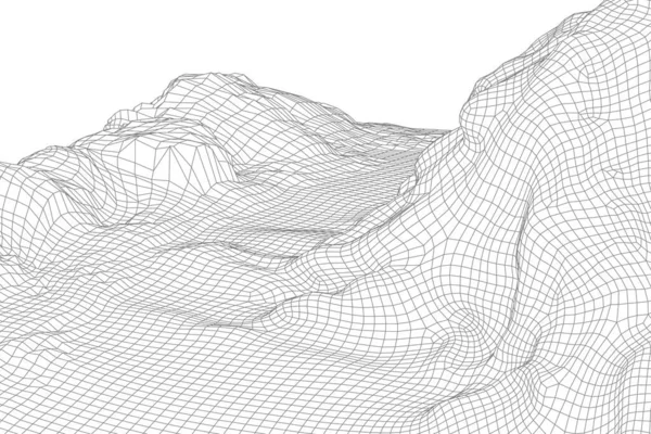 Αφηρημένο διάνυσμα wireframe τοπίο φόντο. 3D φουτουριστικά βουνά. Εικονογράφηση της δεκαετίας του 80. Κοιλάδες τεχνολογίας κυβερνοχώρου. — Διανυσματικό Αρχείο