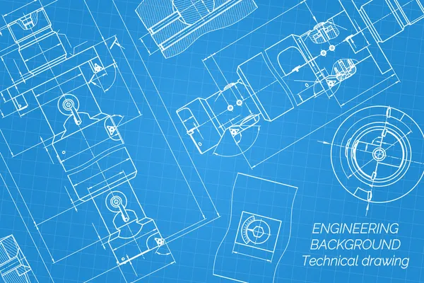 Desenhos de engenharia mecânica em fundo azul. Tap tools, borer. Design técnico. Cobertura. Planta. Ilustração vetorial. —  Vetores de Stock