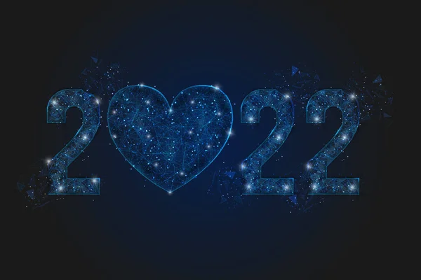 Imagen azul aislada abstracta del año nuevo número 2022 con corazón. Ilustración poligonal de marco de alambre de polietileno bajo parece estrellas en el cielo nocturno de la petaca en fragmentos de vidrio espasmódico o volador. — Archivo Imágenes Vectoriales