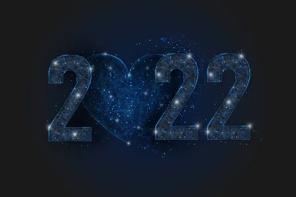 Imagen azul aislada abstracta del año nuevo número 2022 con corazón. Ilustración poligonal de marco de alambre de polietileno bajo parece estrellas en el cielo nocturno de la petaca en fragmentos de vidrio espasmódico o volador. — Vector de stock