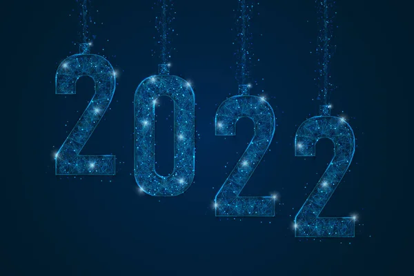 Yeni yıl 2022 'nin soyut mavi görüntüsü. Çokgen düşük poligonometrik kablo çizimi, gece gökyüzündeki yıldızlara benzer. Dijital ağ, internet tasarımı.