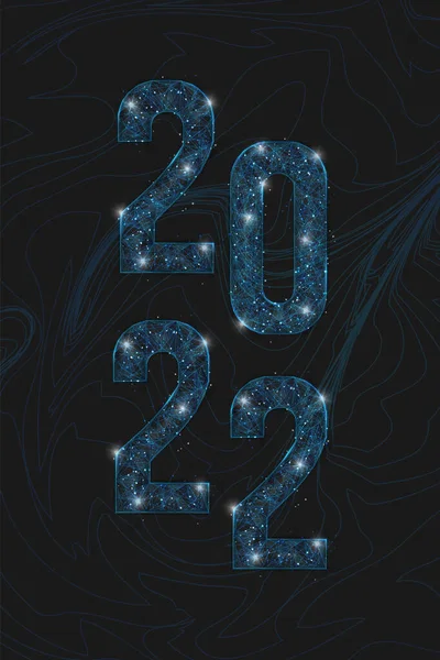 Abstraktní izolovaný modrý obraz nového roku číslo2022. Polygonální nízko poly drátová ilustrace vypadá jako hvězdy na blask noční obloze ve spase nebo létající skleněné střepy. Digitální web, design internetu. — Stockový vektor