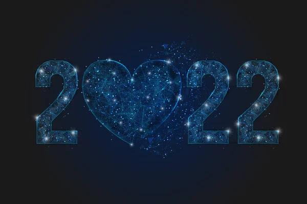 Image bleue isolée abstraite du nouvel an 2022 avec cœur. Illustration polygonale low poly wireframe ressemble à des étoiles dans le ciel nocturne blasphématoire en éclats de verre spase ou volant. — Image vectorielle