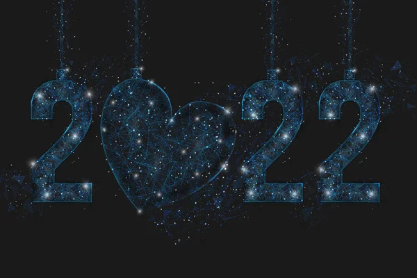摘要分离出2022年新年号的蓝色图像.多边形低矮的多线框插图看起来就像飞溅或飞溅的玻璃碎片中的蓝色夜空中的星星。数字网络，因特网设计. — 图库矢量图片