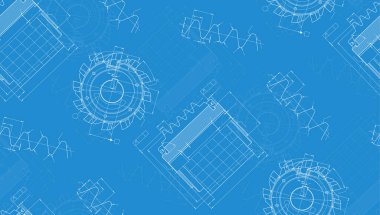 Mavi arka planda makine mühendisliği çizimleri. Kesme aletleri, değirmen kesici. Teknik Tasarım. Koruyun. Ayrıntılı plan. Kusursuz desen. Vektör illüstrasyonu.
