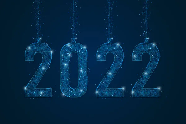 Абстрактне ізольоване блакитне зображення нового року No 2022. Багатокутна низькополіпровідна ілюстрація виглядає як зірки в розмитому нічному небі в спектрі або літаючих скляних оболонках. Цифрова мережа, дизайн інтернету . — стоковий вектор