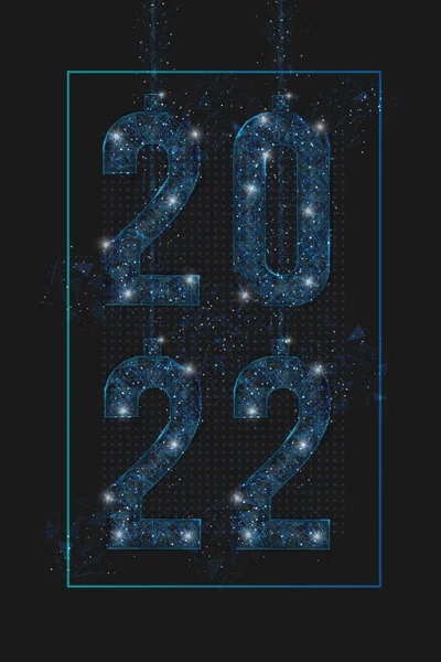 Imagen azul aislada abstracta del año nuevo número 2022. La ilustración poligonal del marco de alambre de polietileno bajo parece estrellas en el cielo nocturno de la petaca en fragmentos de vidrio espasmódico o voladores. Web digital, diseño de Internet. — Vector de stock
