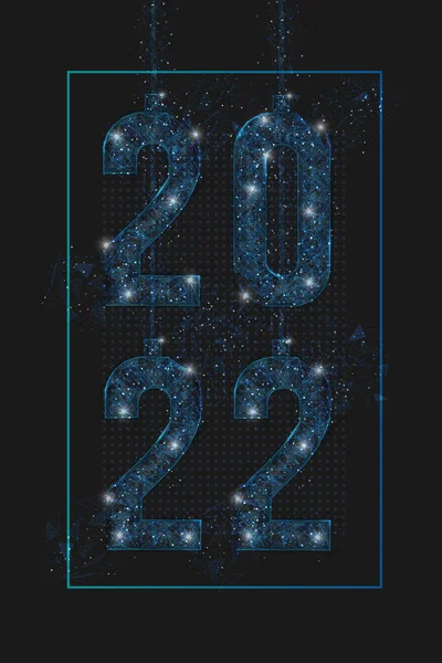 Abstract isolated blue image of new year number 2022. Polygonal low poly wireframe illustration looks like stars in the blask night sky in spase or flying glass shards. Digital web, internet design. — Stock Vector