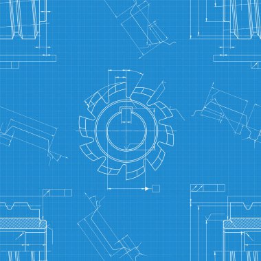 Mavi arka planda makine mühendisliği çizimleri. Kesme aletleri, değirmen kesici. Teknik Tasarım. Koruyun. Ayrıntılı plan. Kusursuz desen. Vektör illüstrasyonu.