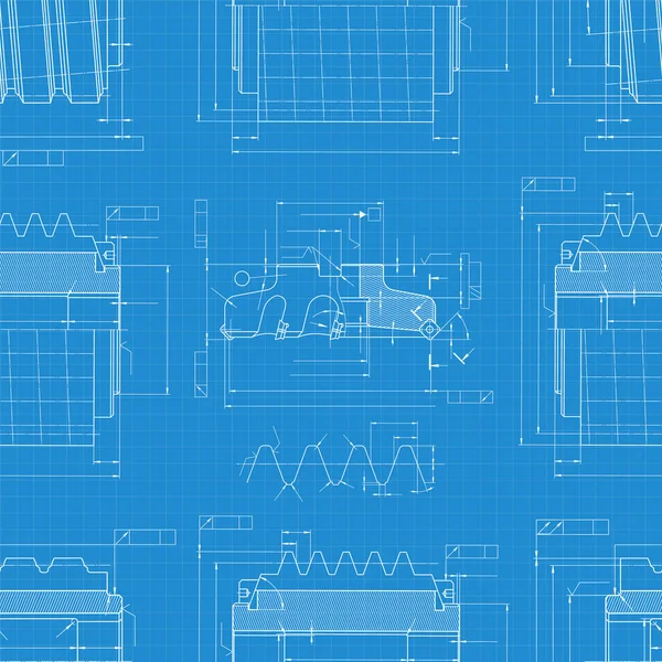 Desenhos de engenharia mecânica em fundo azul. Ferramentas de corte, fresadora. Design técnico. Cobertura. Planta. Padrão sem costura. Ilustração vetorial. —  Vetores de Stock