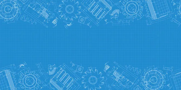 Mavi arka planda makine mühendisliği çizimleri. Kesme aletleri, değirmen kesici. Teknik Tasarım. Koruyun. Ayrıntılı plan. Yatay ve pürüzsüz desen. Vektör illüstrasyonu.