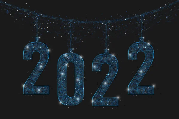 Imagen azul aislada abstracta del año nuevo número 2022. La ilustración poligonal del marco de alambre de polietileno bajo parece estrellas en el cielo nocturno de la petaca en fragmentos de vidrio espasmódico o voladores. Web digital, diseño de Internet. — Archivo Imágenes Vectoriales
