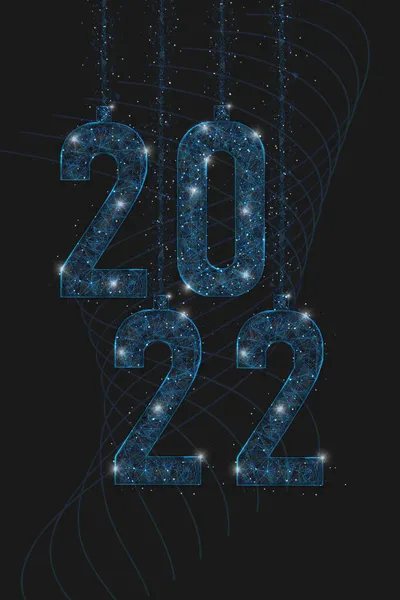 Abstract isolated blue image of new year number 2022. Polygonal low poly wireframe illustration looks like stars in the blask night sky in spase or flying glass shards. Digital web, internet design. — Stock Vector