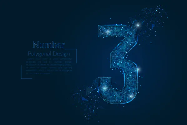 Üç numaranın soyut mavi görüntüsü. Çokgen çizimler, gece gökyüzündeki yıldızlara benzer. Ya da cam kırıklarına. Web sitesi, web, internet için dijital tasarım.