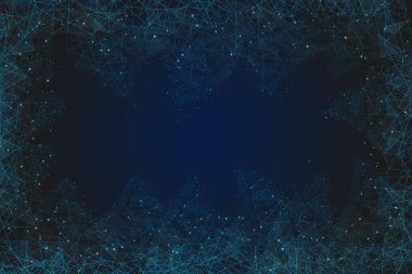 Soyut mavi arkaplan. Çokgen düşük poligonometrik kablo çizimi, gece gökyüzündeki yıldızlara benzer. Dijital ağ, internet tasarımı.