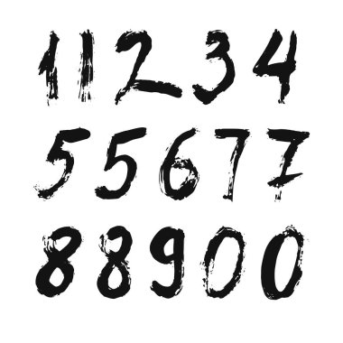 İzole edilmiş beyaz arka planda siyah fırçayla boyanmış kaligrafik sayılar kümesi. Tasarımın için mektup. Vektör illüstrasyonu.