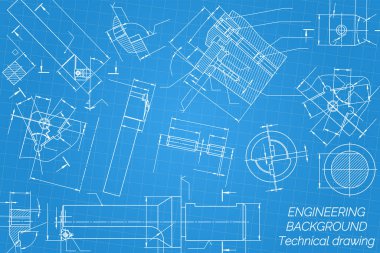 Mavi arka planda makine mühendisliği çizimleri. Musluk aletleri, sıkıcı, kesme aletleri, değirmen makası. Teknik Tasarım. Koruyun. Ayrıntılı plan. Vektör illüstrasyonu.