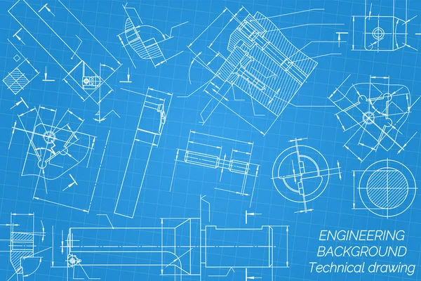 Maschinenbauzeichnungen auf blauem Hintergrund. Gewindebohrer, Bohrmaschine, Schneidwerkzeuge, Fräser. Technisches Design. Deckel drauf. Blaupause. Vektorillustration. — Stockvektor