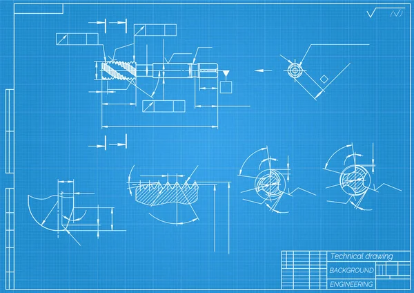Mavi arka planda makine mühendisliği çizimleri. Musluk aletleri, daha sıkıcı. Teknik Tasarım. Koruyun. Ayrıntılı plan. Vektör illüstrasyonu. — Stok Vektör