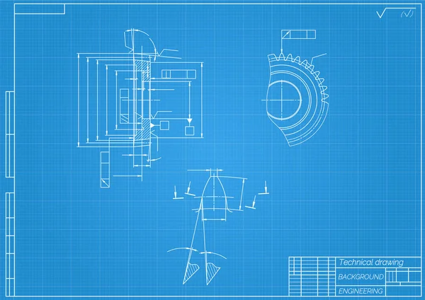 Mechanical engineering drawings on blue background. Gear cutting tool. Technical Design. Cover. Blueprint. Vector illustration. — 图库矢量图片