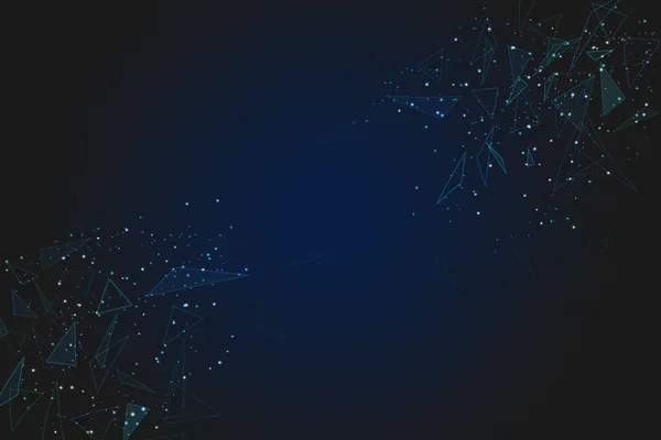 Soyut mavi arkaplan. Çokgen düşük poligonometrik kablo çizimi, gece gökyüzündeki yıldızlara benzer. Dijital ağ, internet tasarımı.