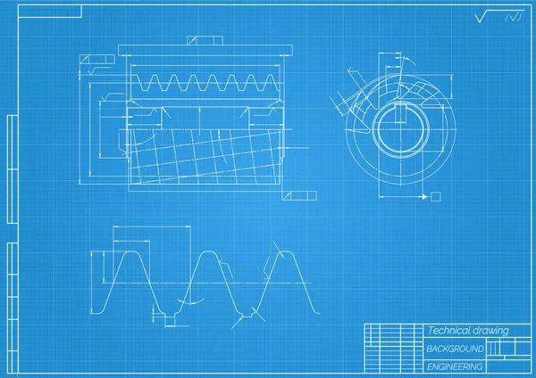 Desenhos de engenharia mecânica em fundo azul. Ferramentas de corte, fresadora. Design técnico. Cobertura. Planta. Ilustração vetorial. —  Vetores de Stock