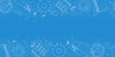 Mavi arka planda makine mühendisliği çizimleri. Kesme aletleri, değirmen kesici. Teknik Tasarım. Koruyun. Ayrıntılı plan. Yatay ve pürüzsüz desen. Vektör illüstrasyonu.