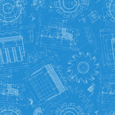 Mavi arka planda makine mühendisliği çizimleri. Kesme aletleri, değirmen kesici. Teknik Tasarım. Koruyun. Ayrıntılı plan. Kusursuz desen. Vektör illüstrasyonu.