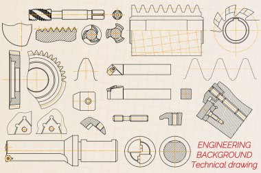 Mechanical engineering drawings on light background. Tap tools, borer, cutting tools, milling cutter. Technical Design. Cover. Blueprint. Vector illustration.