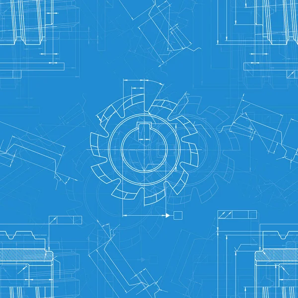 Mavi arka planda makine mühendisliği çizimleri. Kesme aletleri, değirmen kesici. Teknik Tasarım. Koruyun. Ayrıntılı plan. Kusursuz desen. Vektör illüstrasyonu.