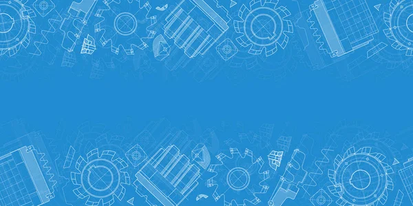 Mavi arka planda makine mühendisliği çizimleri. Kesme aletleri, değirmen kesici. Teknik Tasarım. Koruyun. Ayrıntılı plan. Yatay ve pürüzsüz desen. Vektör illüstrasyonu.