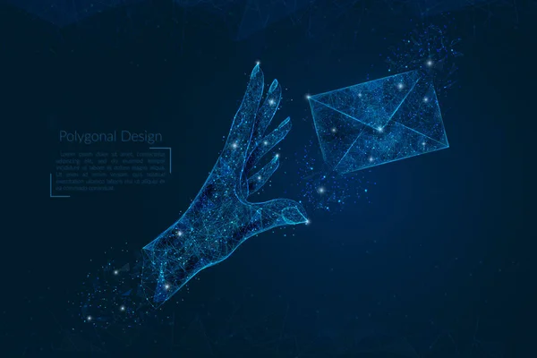 İnsan elinin mektup gönderdiği soyut izole görüntü. Çokgen çizimler, gece gökyüzündeki yıldızlara benzer. Ya da cam kırıklarına. Web sitesi, web, internet için dijital tasarım.