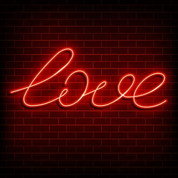 Neon word love. A bright red sign on a brick wall. Element of design for a happy Valentine s day. Vector illustration — стоковый вектор