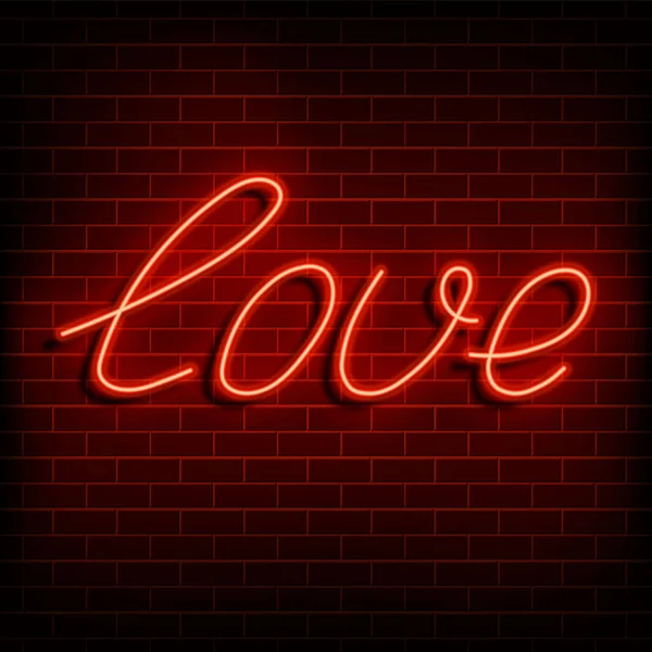 Neon word love. A bright red sign on a brick wall. Element of design for a happy Valentine s day. Vector illustration — Vettoriale Stock